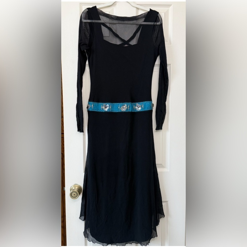 Elana Kattan Black Sheer Mesh Midi Dress Turquoise Sequin Beaded Belt Boho Y2K M